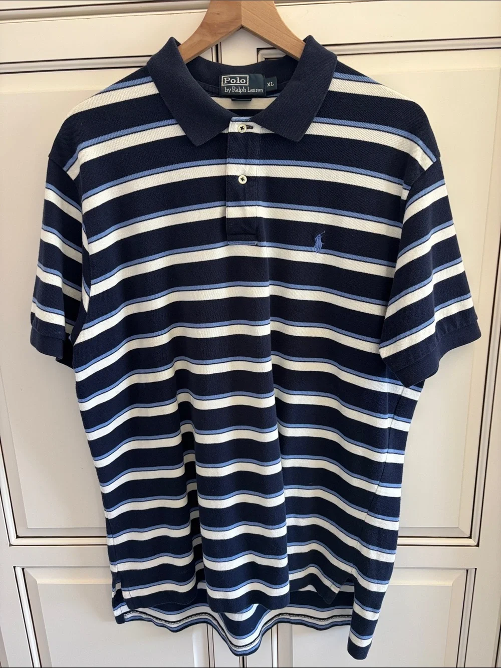 Vintage Polo Ralph Lauren Pique Blue Striped Short Sleeve Polo Shirt Mens‎ XL